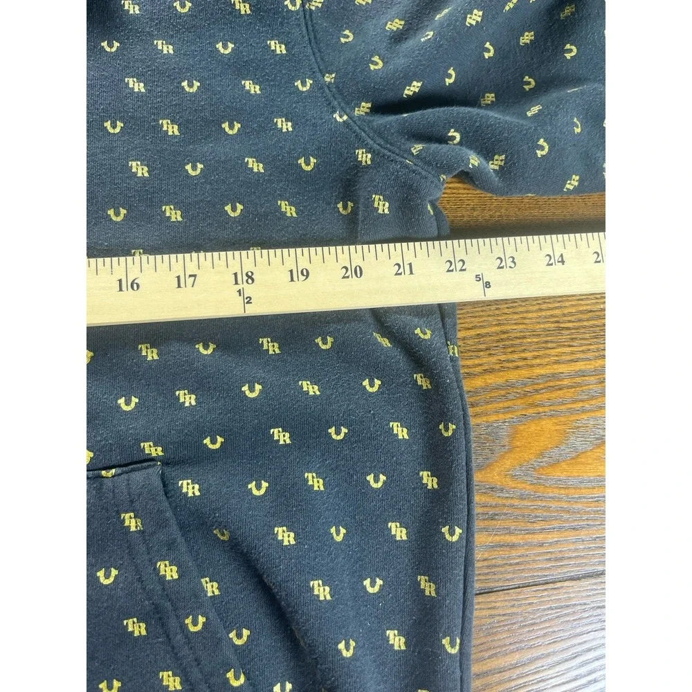 Y2K Style True Religion All Over Print Horseshoe Logo Hoodie Black Gold Medium